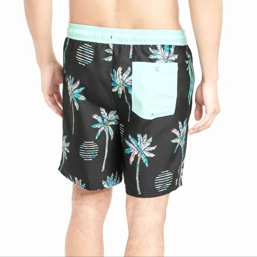 Original Use Swim Trunks Palm Tree Print, Mens XL‎ Black/Mint